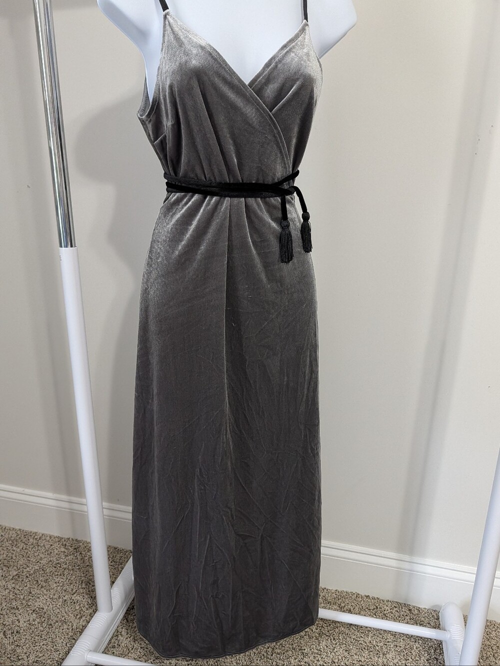 Who What Wear Silver-Gray Velvet Maxi Wrap Dress with Black Tassel Belt